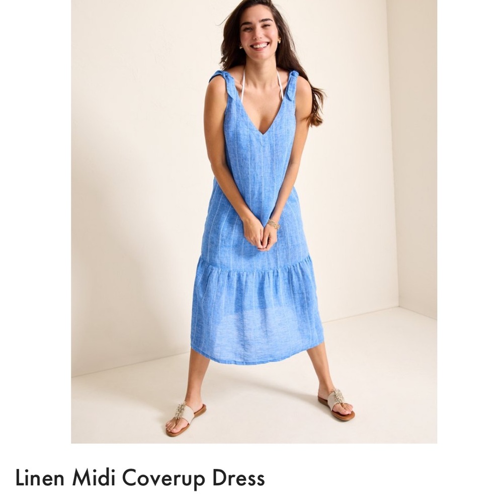 Tommy Bahama Linen Midi Blue Textured Dress